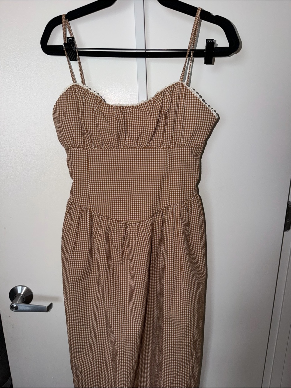 a new day Tan Gingham Smocked Midi Dress (M) NWT